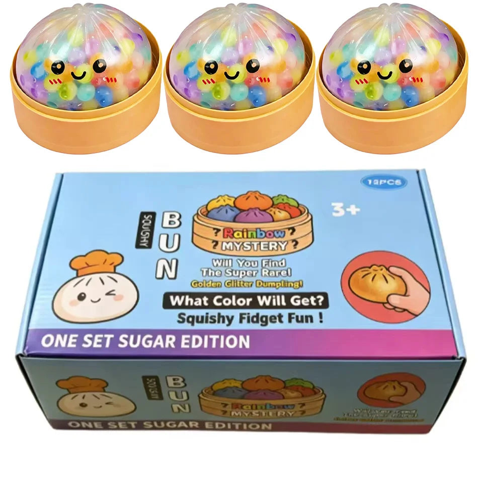 Rainbow Dumpling Squishy with Bead Sensory Squeeze Toy for Stress Relief with Bamboo Steamer Funny Gift 13Gadgetglobal