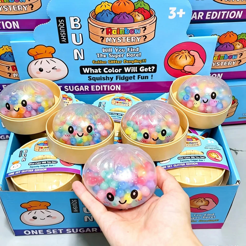 Rainbow Dumpling Squishy with Bead Sensory Squeeze Toy for Stress Relief with Bamboo Steamer Funny Gift 13Gadgetglobal