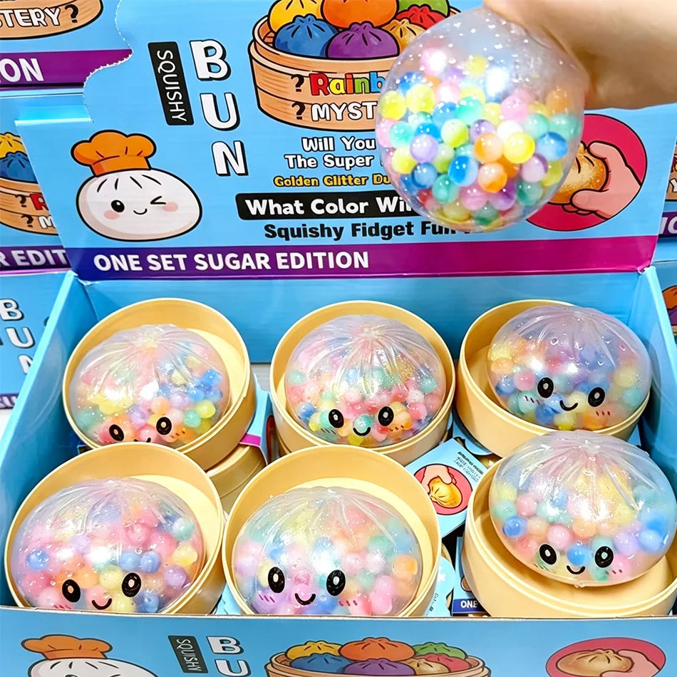 Rainbow Dumpling Squishy with Bead Sensory Squeeze Toy for Stress Relief with Bamboo Steamer Funny Gift 13Gadgetglobal