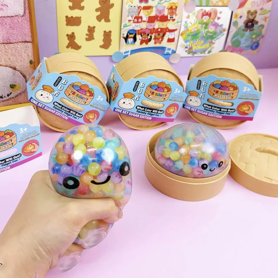 Rainbow Dumpling Squishy with Bead Sensory Squeeze Toy for Stress Relief with Bamboo Steamer Funny Gift 13Gadgetglobal