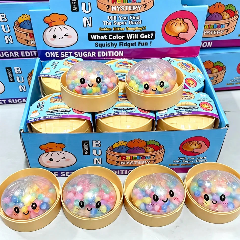 Rainbow Dumpling Squishy with Bead Sensory Squeeze Toy for Stress Relief with Bamboo Steamer Funny Gift 13Gadgetglobal